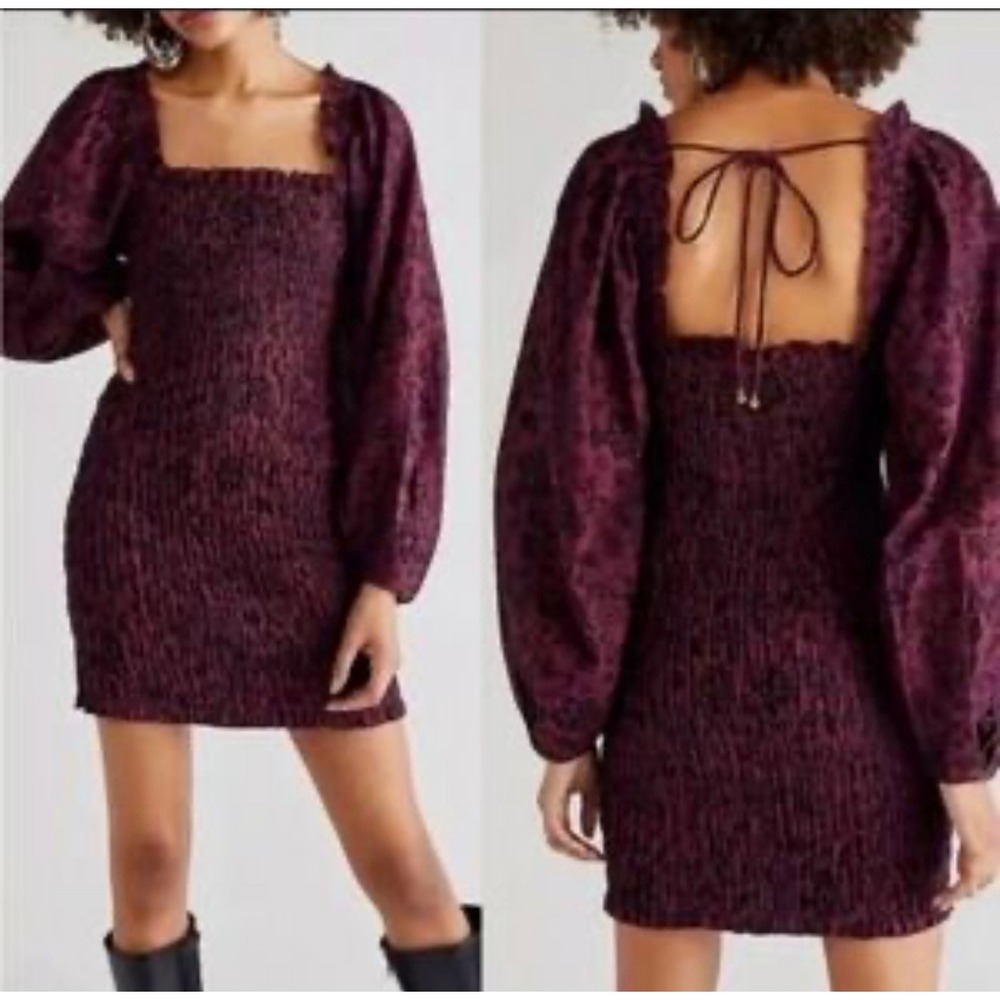 Free People Smocked Mini Dress Plum Floral Puff Sleeve Square Neck Small